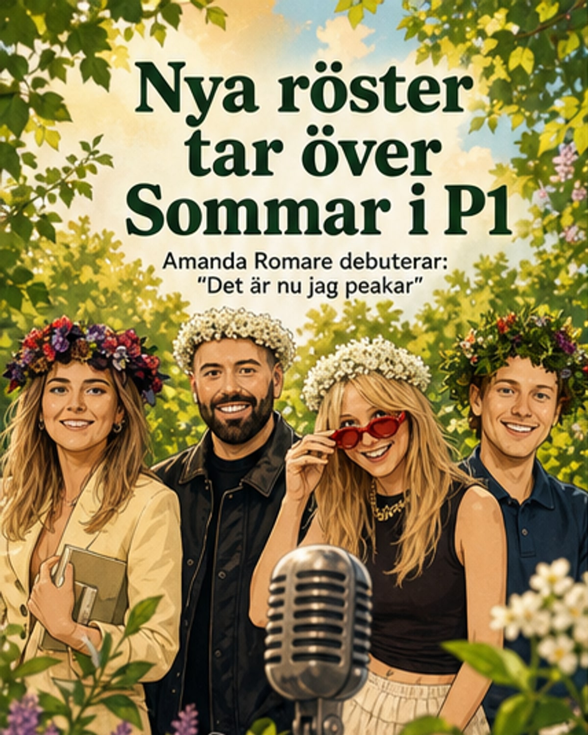 Amanda Romare står framme i en radiostudio med mikrofon framför sig, klädd i en ljus klänning, med en skylt som säger 'Sommar i P1'.