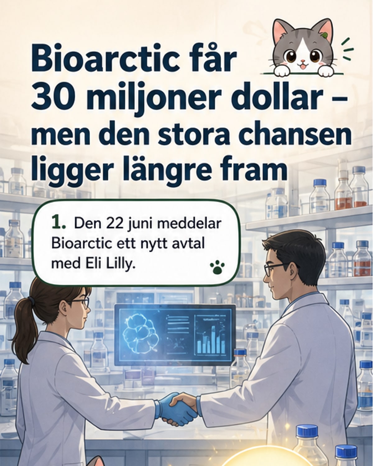 Illustration av två företag som skakar hand över en hjärna med molekylära strukturer, symboliserande samarbete inom Alzheimerforskning.