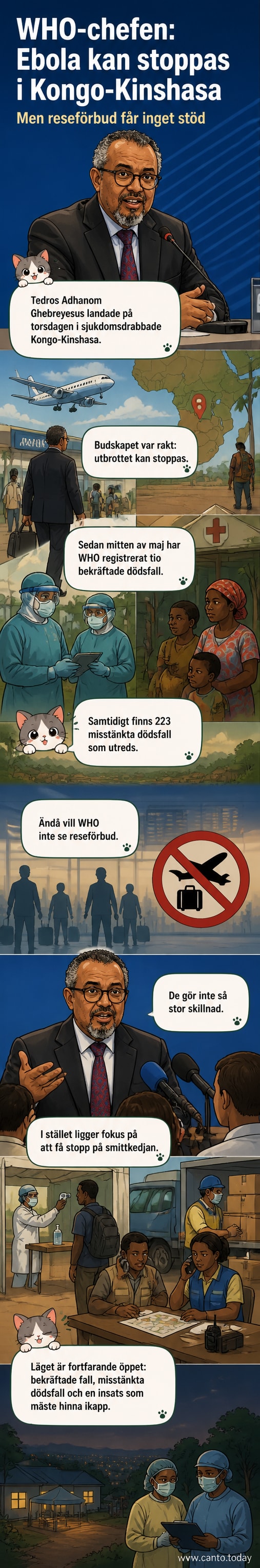 WHO:s generaldirektör Tedros Adhanom Ghebreyesus stiger av ett flygplan i Kinshasa omgiven av medarbetare i skyddsutrustning.