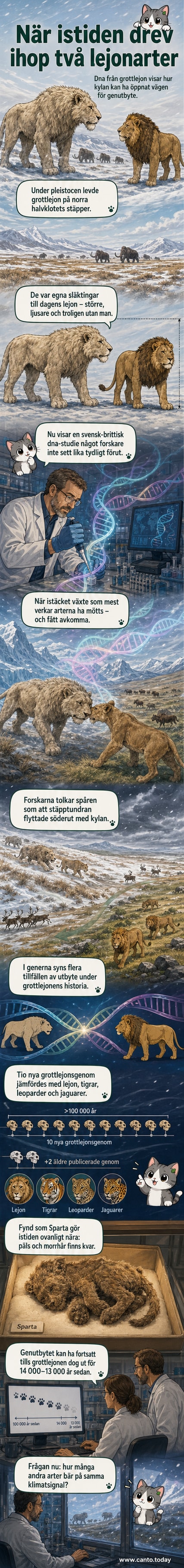 En digital rekonstruktion av ett grottlejon och ett modernt lejon står mitt emot varandra på en istida stäpp, med mörka moln och is vid horisonten.