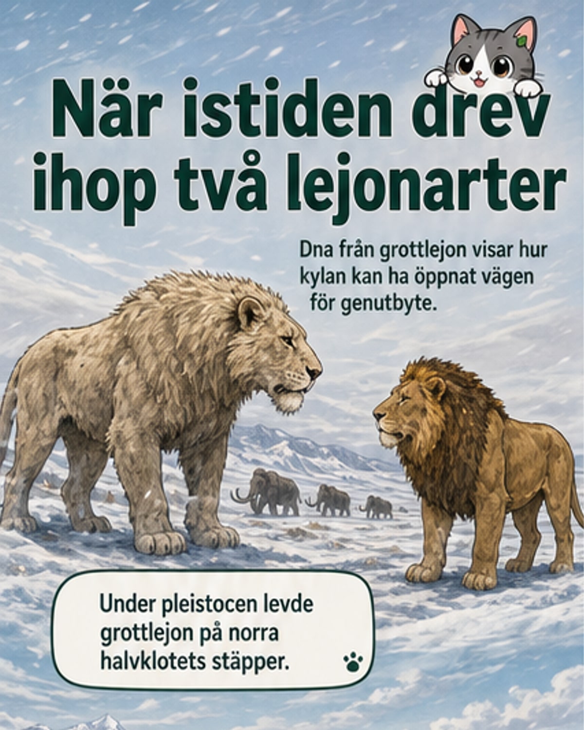 En digital rekonstruktion av ett grottlejon och ett modernt lejon står mitt emot varandra på en istida stäpp, med mörka moln och is vid horisonten.