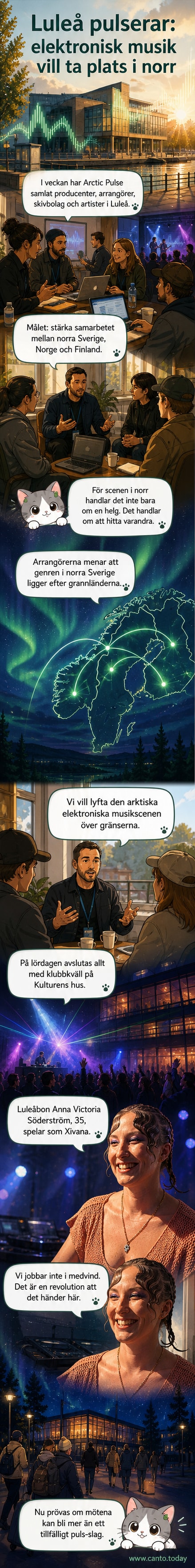 Scenbild från en elektronisk musikfestival i Luleå med flera artister på scenen och publiken i mörker.