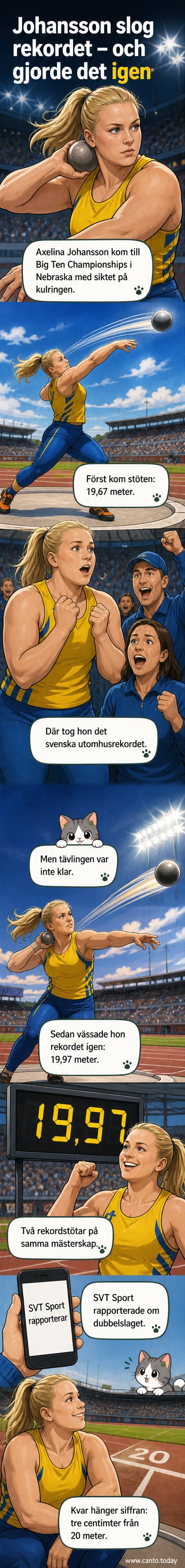 Axelina Johansson i handling under ett kulstötningsförsök, med publik i bakgrunden och tävlingsplatsens logga synlig.