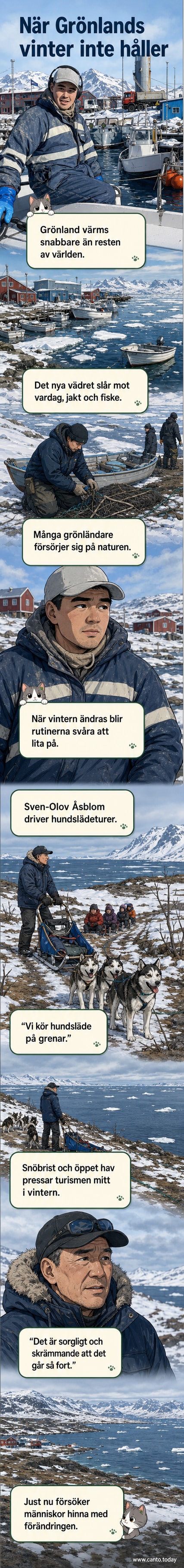 En hundslädkusk kör över en grå, snölös mark med grenar synliga i marken – en symbol för klimatförändringarnas påverkan på Grönland.