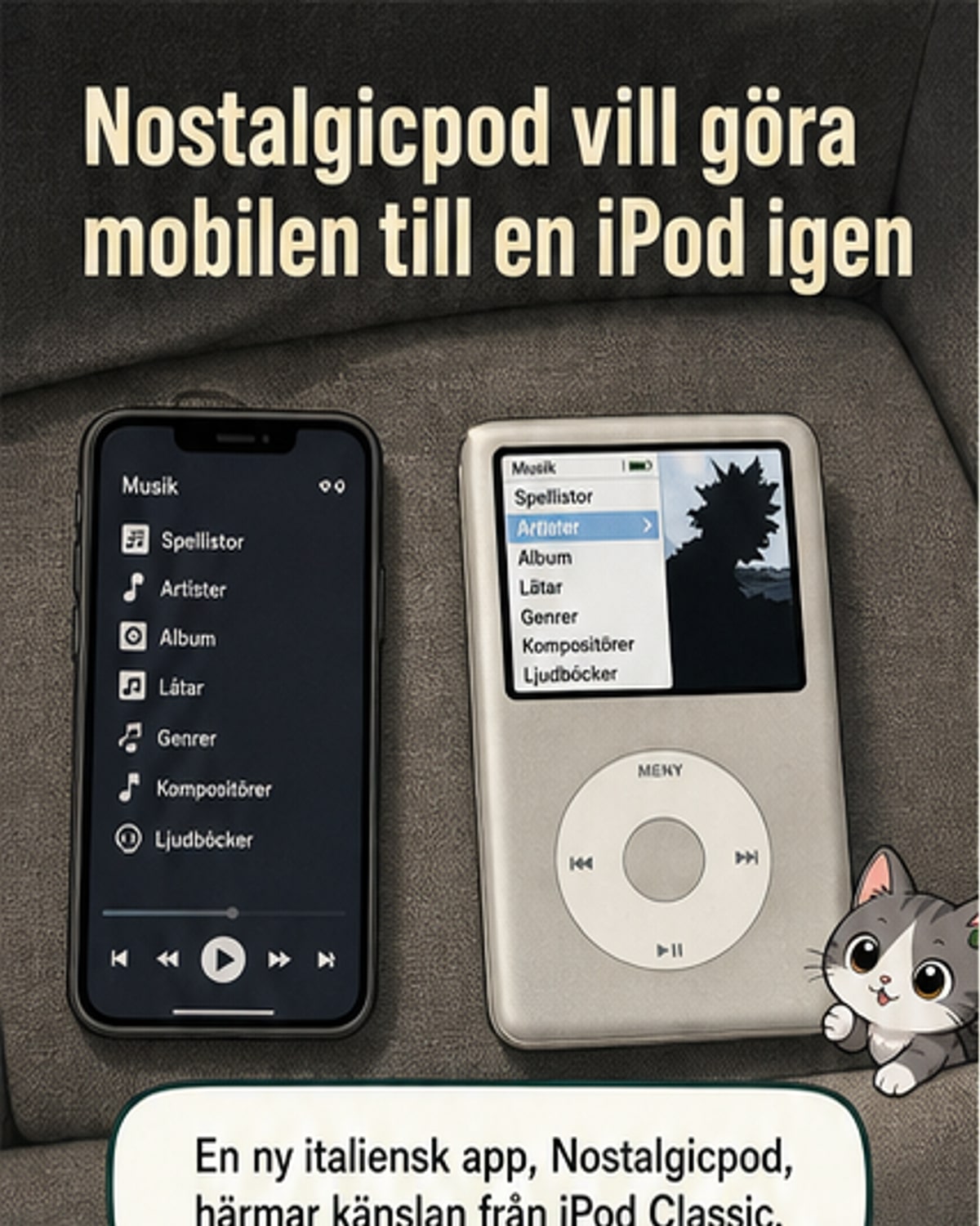 En modern smartphone med skärmen iförd det klassiska iPod Classic-gränssnittet med rullhjul och svartvitt tema.