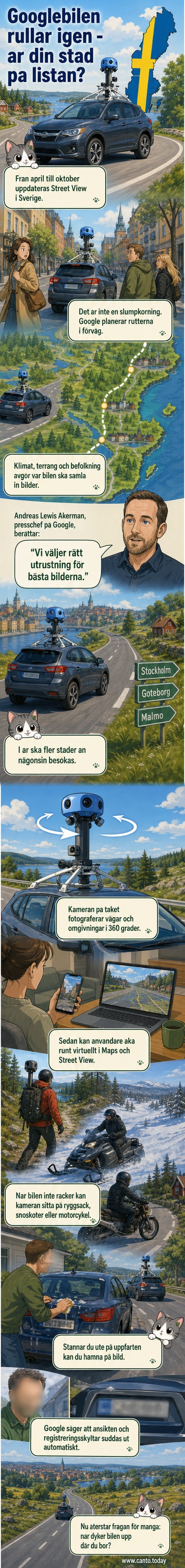 En vit Google Street View-bil med kameratorn på taket kör genom en svensk stad med skyltar som visar vilka regioner som ska fotograferas 2026.