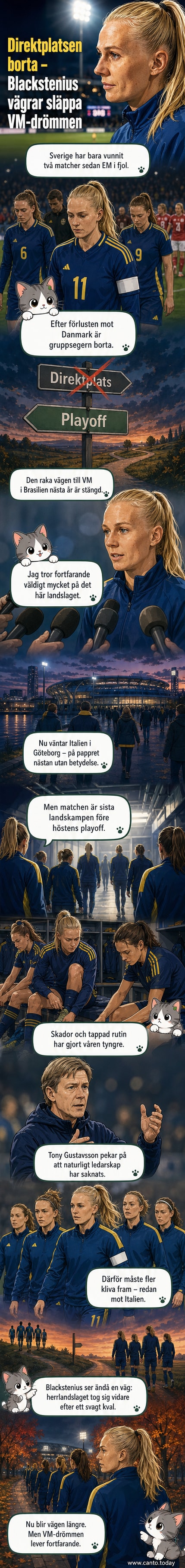 Fotbollslandslaget i färd med att spela en match, med lagkapten Stina Blackstenius i fokus.