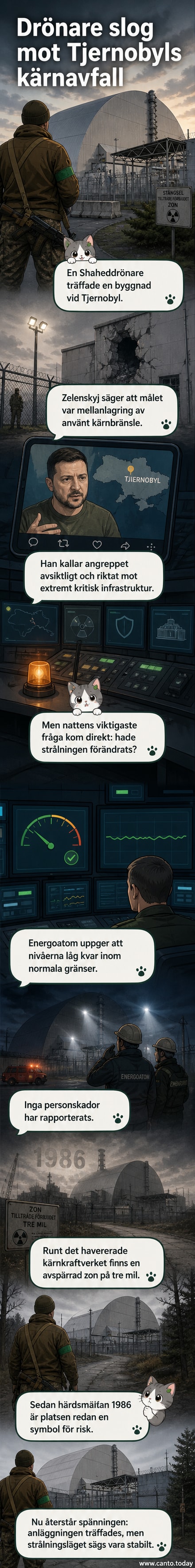 Soldat står utanför sarkofagen vid Tjernobyls reaktor, med skador synliga på betongkonstruktionen.