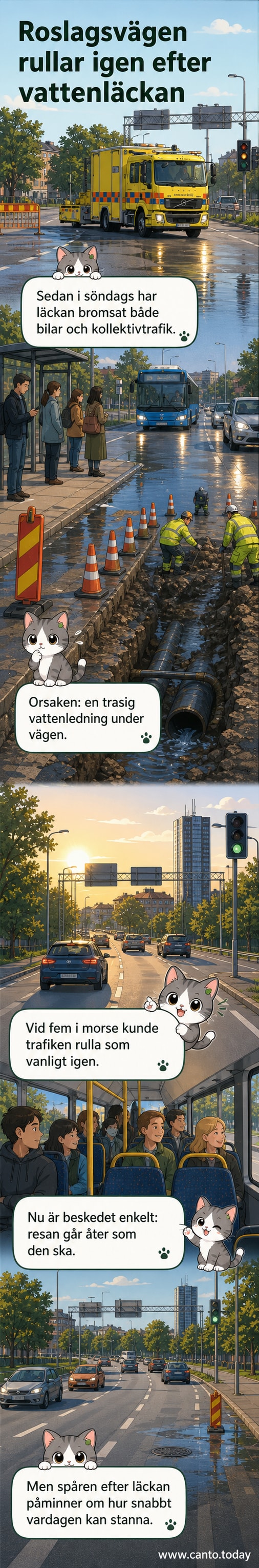 Trafik på Roslagsvägen återställd efter vattenläcka, bilar kör i normal takt under morgonljus.