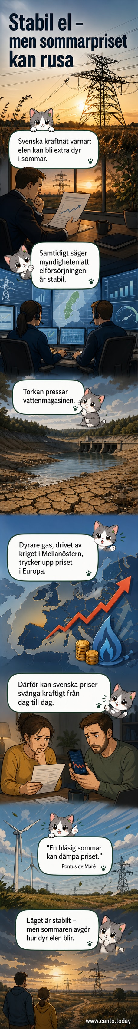 Högspänningsledningar i Skåne under ett klart sommardagshimmel, med gles bebyggelse i bakgrunden.