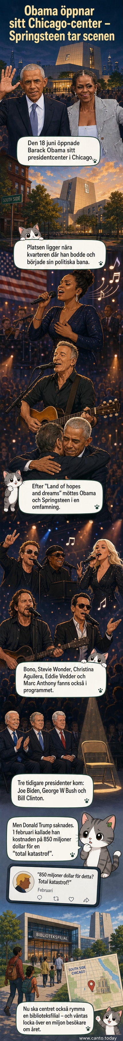 Barack Obama och Bruce Springsteen omfamnar varandra på scenen under invigningen av Obama Presidential Center i Chicago, omgiven av publik och kändisar.