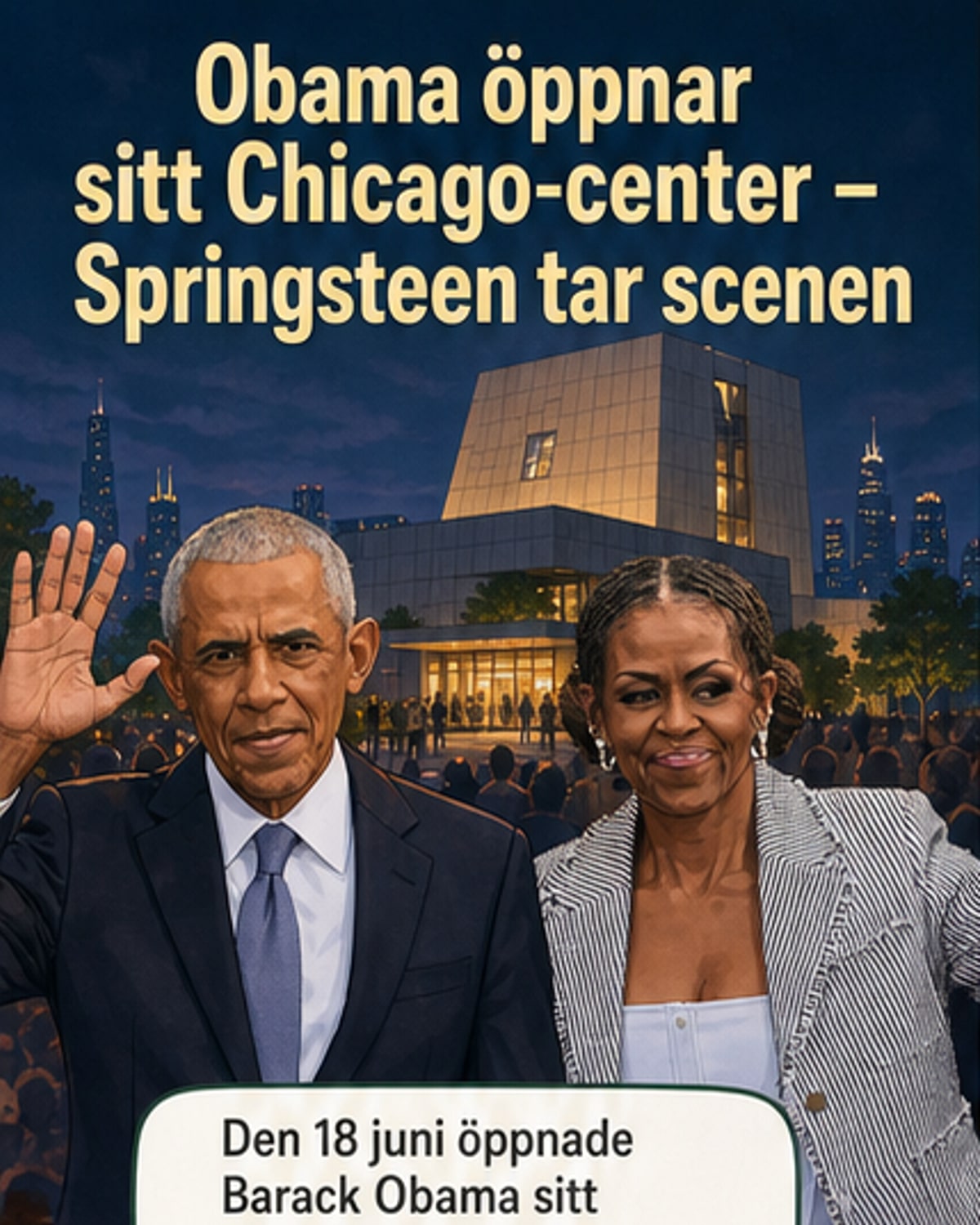 Barack Obama och Bruce Springsteen omfamnar varandra på scenen under invigningen av Obama Presidential Center i Chicago, omgiven av publik och kändisar.