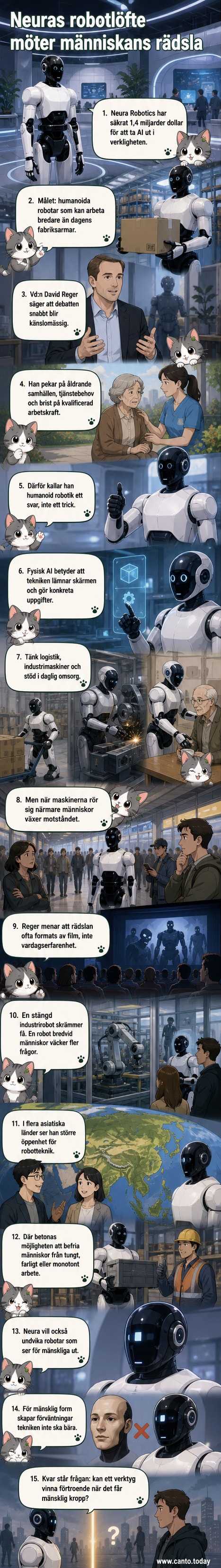 En stilren, humanoid robot i ett industri-liknande miljö, med abstrakt design och utan mänsklig likhet, står redo att utföra arbete bredvid en person i arbetskläder.
