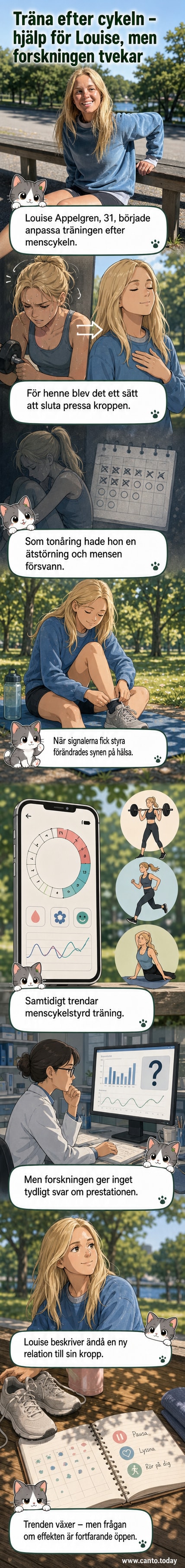 En kvinna tränar ute på en promenad, med blick mot kameran, i dagsljus. Text över bilden: 'Träna efter menscykeln – vad säger forskningen?'