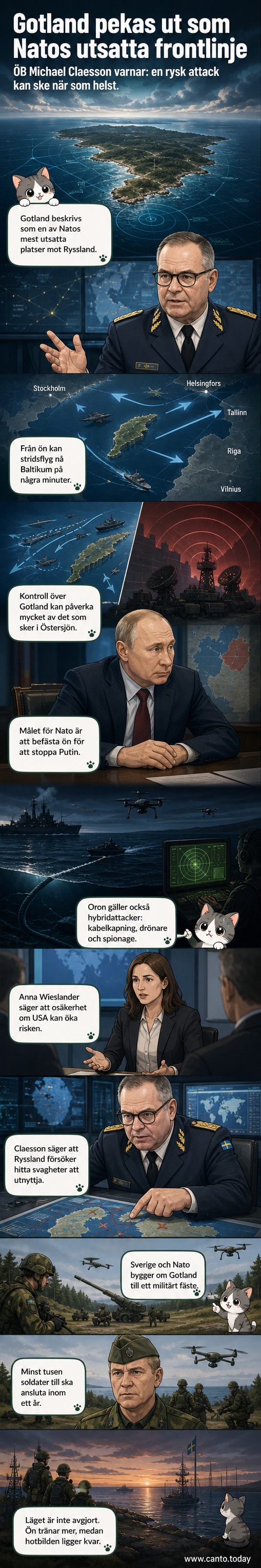 Illustration av Gotland med militärflyg och fartyg i omgivande Östersjön, symboliserande öns strategiska betydelse i en spänd säkerhetspolitisk situation.