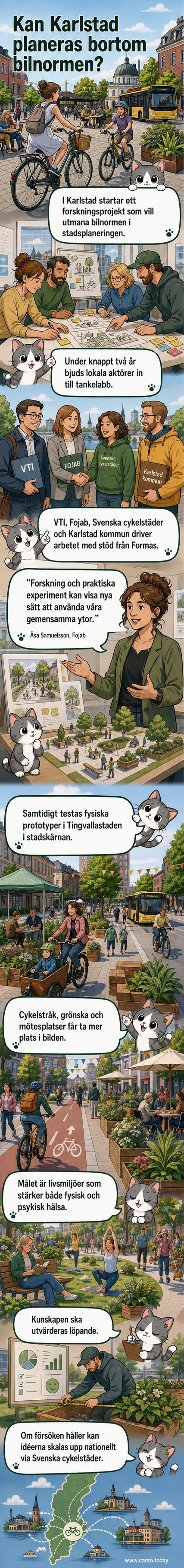 En illustration av en stadsmiljö där cyklar, promenader och gemensamma ytor prioriteras framför bilar, med experimentella prototyper i centrum av Karlstad.