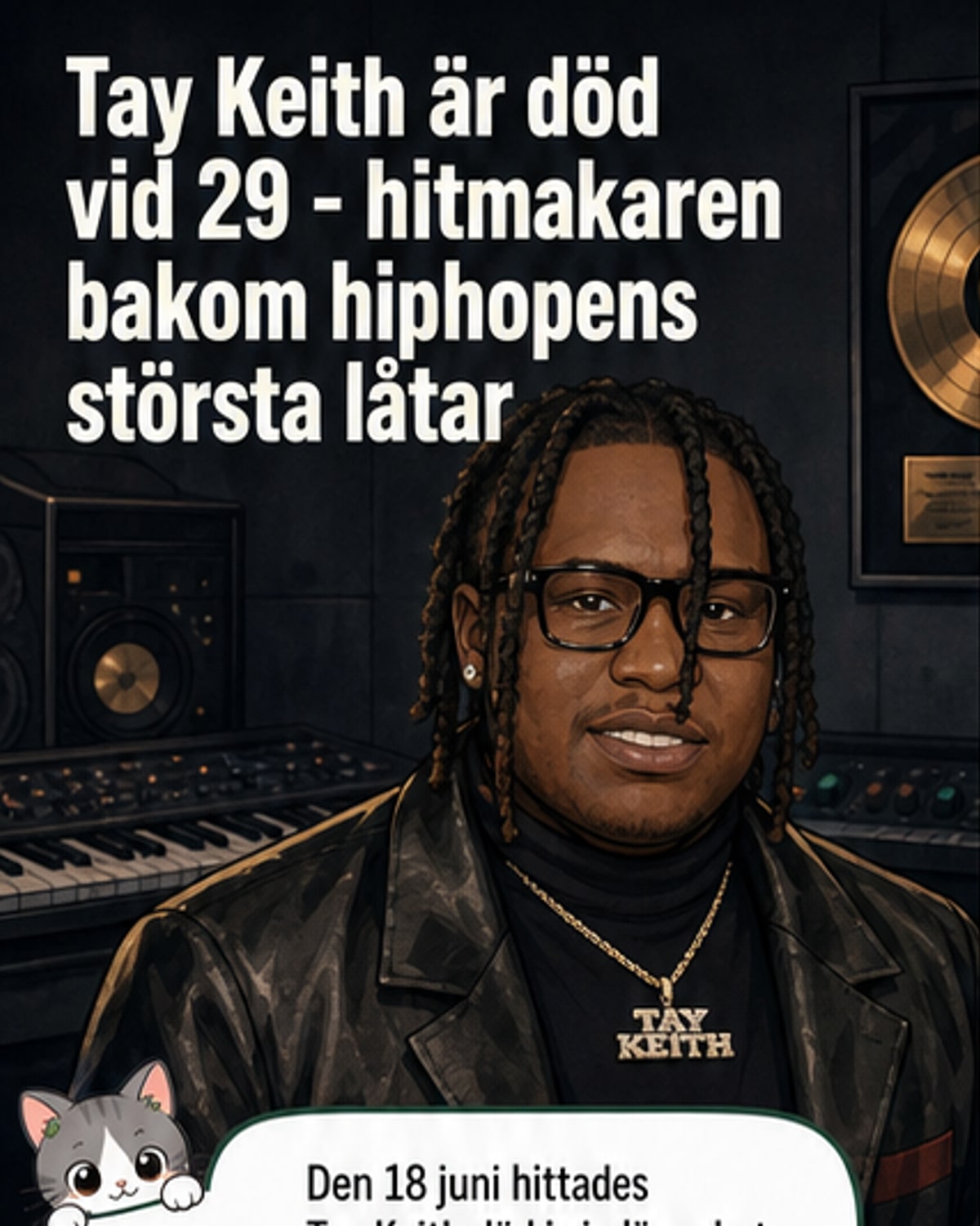 Porträtt av hiphop-producenten Tay Keith i svartvitt, med mikrofon och hörlurar.