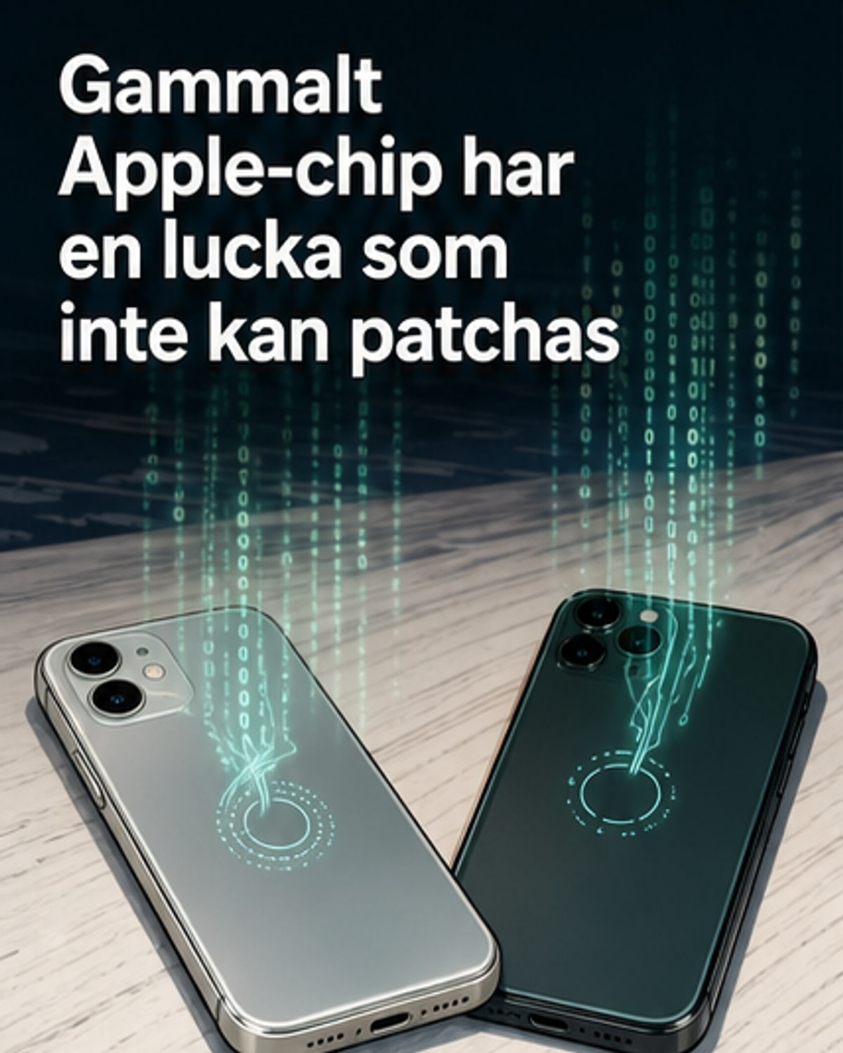 Illustration av ett Apple-chip med en spricka i mitten, symboliserande en hårdvarusårbarhet.