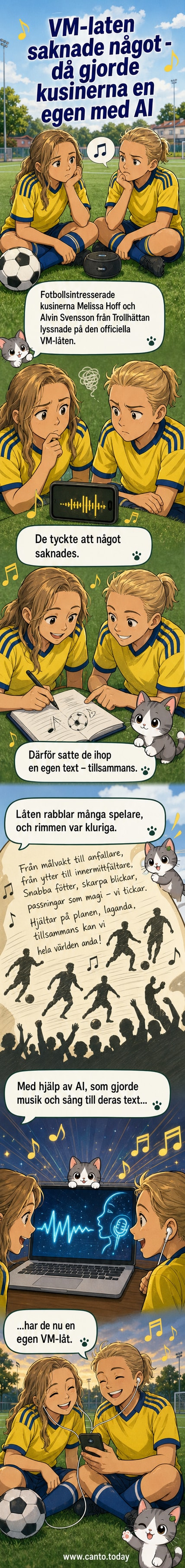Två unga tjejer står och ler framför en skärmskrivning av en AI-genererad låttext med fotbollsmotiv i bakgrunden.