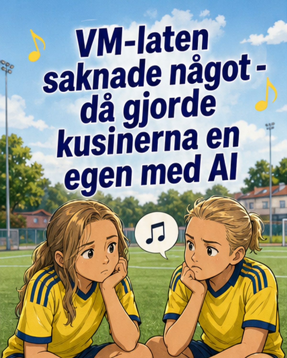 Två unga tjejer står och ler framför en skärmskrivning av en AI-genererad låttext med fotbollsmotiv i bakgrunden.