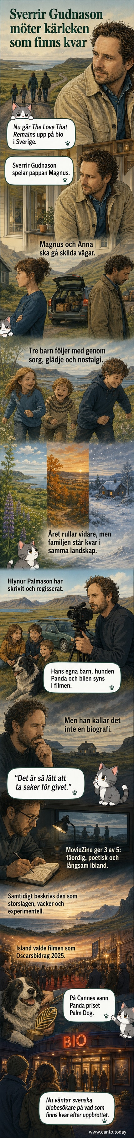 En stillbild från filmen 'The Love That Remains' där Sverrir Gudnason och Saga Garðarsdóttir står med barnen i ett ödsligt isländskt landskap under grå himmel.