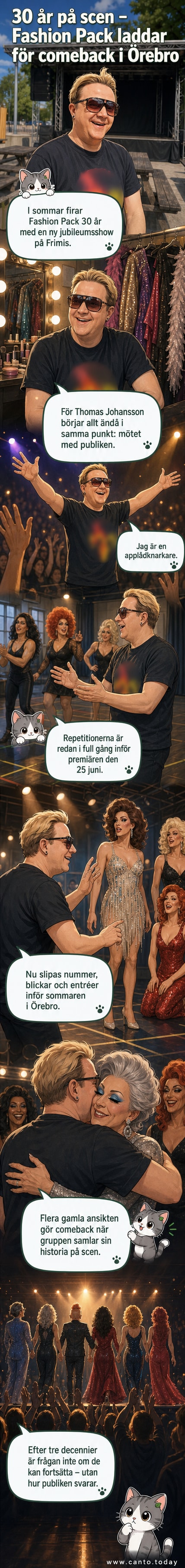 Thomas Johansson från dragshowgruppen Fashion Pack står leende på scen i glitterkläder och mikrofon i hand.