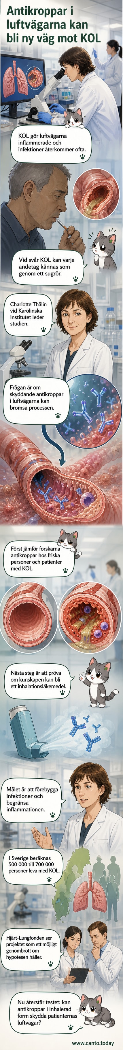 Illustration av en person som andas in ett inhalationsmedel, med förstorad vy på lungceller och antikroppar som skyddar mot inflammation.