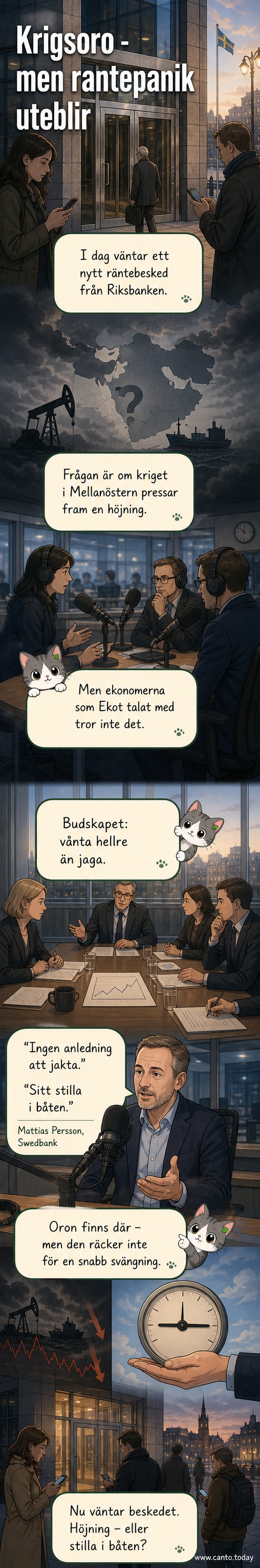 Illustration av en gungande båt med Riksbankens logga, omgiven av kartor över Mellanöstern och ekonomiska grafer, symboliserande osäkerhet men oförändrad ränta.