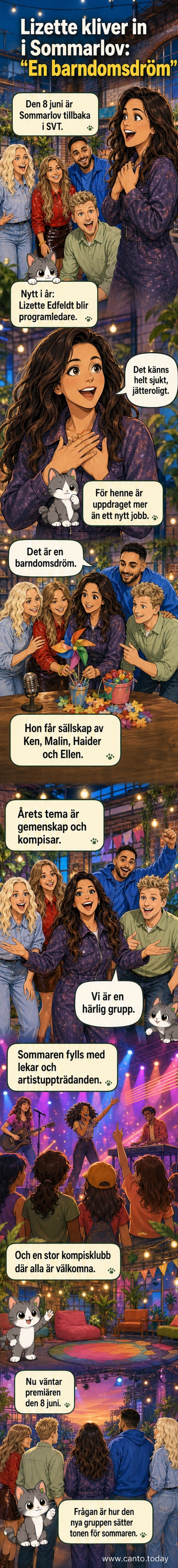 Fyra programledare står leende i sommarprakt: Lizette Edfeldt, Ellen Särnevång, Haider El Timimi och Malin Olsson i SVT:s Sommarlov 2026.