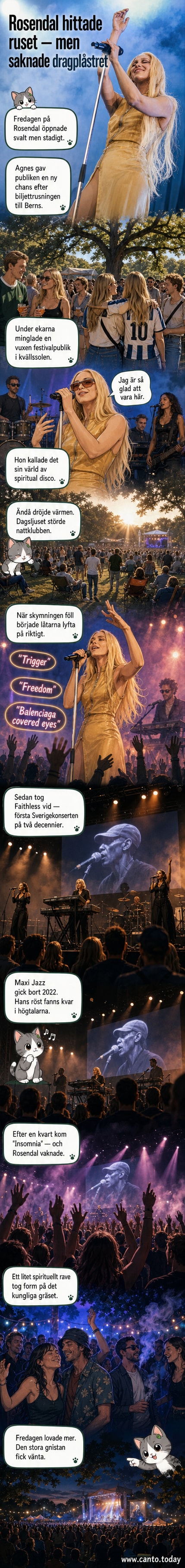 Agnes på scen i guldklänning med rök och ljus, och Faithless med band och syntar under kvällsskyar.