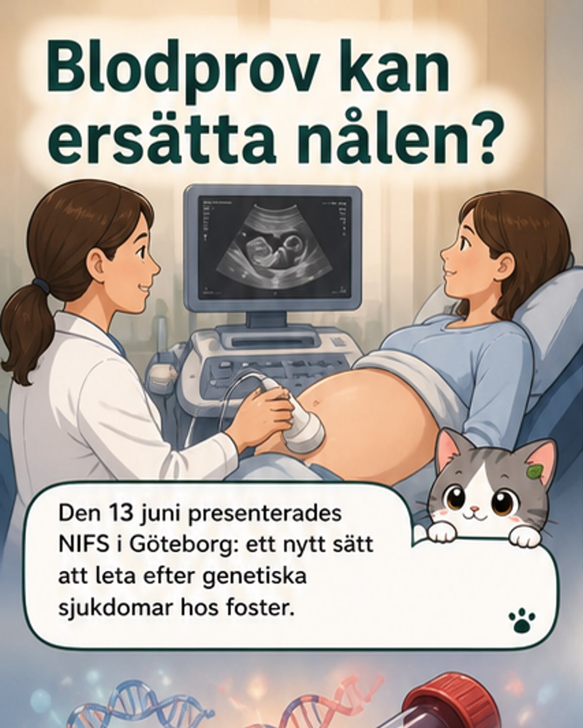 Illustration av en gravid kvinna med DNA-strängar som svävar från hennes arm till ett mikroskop, symboliserande analys av foster-DNA i blodet