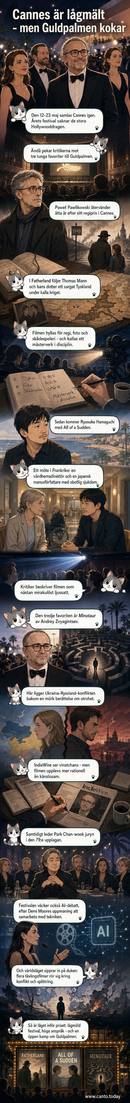Tre filmplakat från Cannes 2026: 'Fatherland', 'All of a Sudden' och 'Minotaur', med regissörer och skådespelare från Polen, Japan och Ryssland.