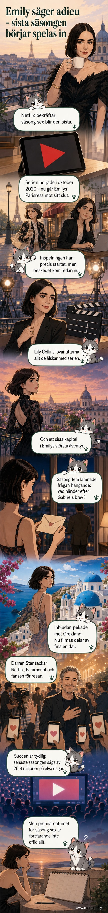 Emily från serien 'Emily in Paris' står i Paris med en röd paraply och ser sig omkring, omgiven av klassiska hus och gator.
