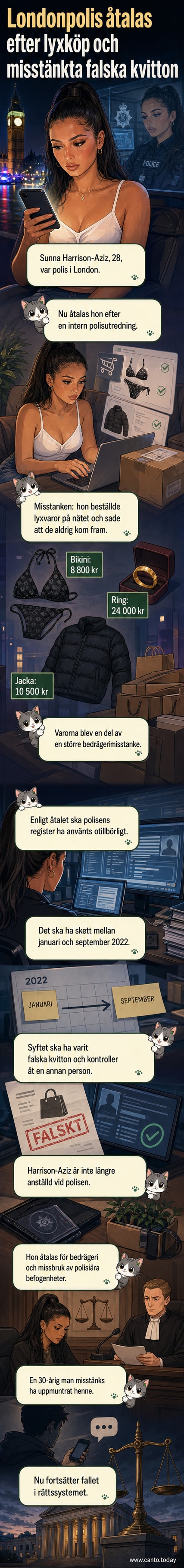 En polisuniformerad kvinna står framför en dörr med lyxvaror i händerna – en Dior-bikini, en Moncler-jacka och en Cartier-ring – med en datorbild i bakgrunden som visar polisens register.