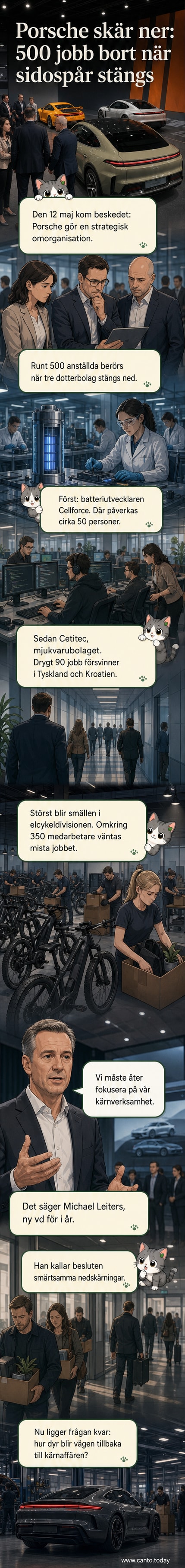 Illustration av en Porsche-bil med en stängd dörr mot tre avlägsna byggnader som symboliserar nedlagda dotterbolag.