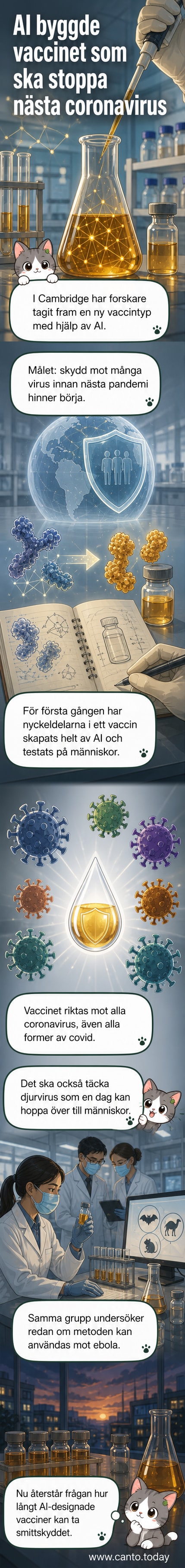 Illustration av ett AI-genererat vaccin som skyddar mot flera coronavirus, inklusive Covid-19 och zoonotiska varianter.