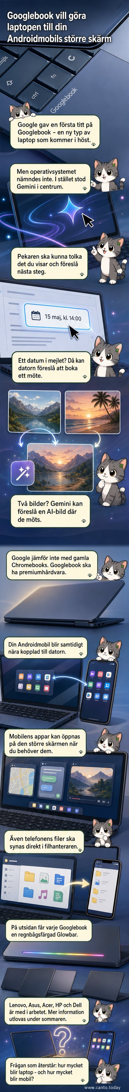 En modern laptop med en regnbågsfärgad lysande band i kanterna, symboliserande den nya Googlebook med AI-funktioner och mobilintegration.