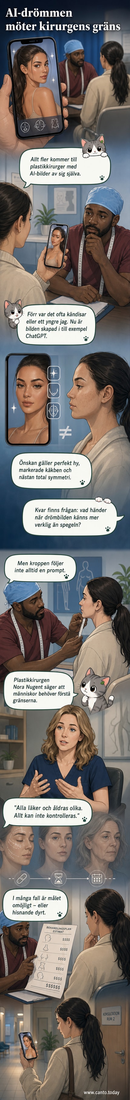 En person håller upp en mobil med en AI-genererad bild av sitt ansikte bredvid en plastikkirurg i en konsultationsrum.