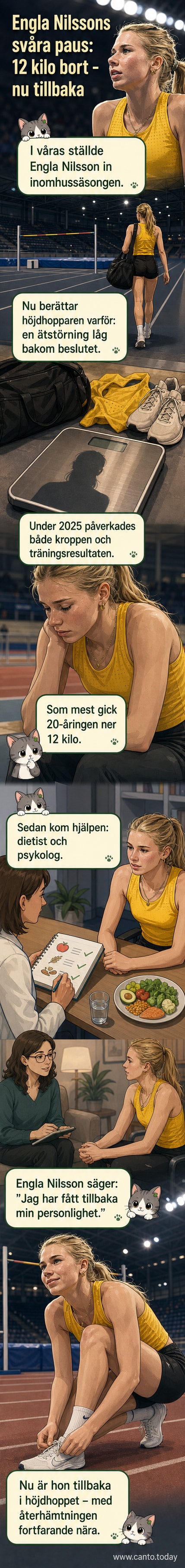 En svensk friidrottare i tävlingsdräkt hoppar över en höjdskalla under en inomhusbana, med publik i bakgrunden.