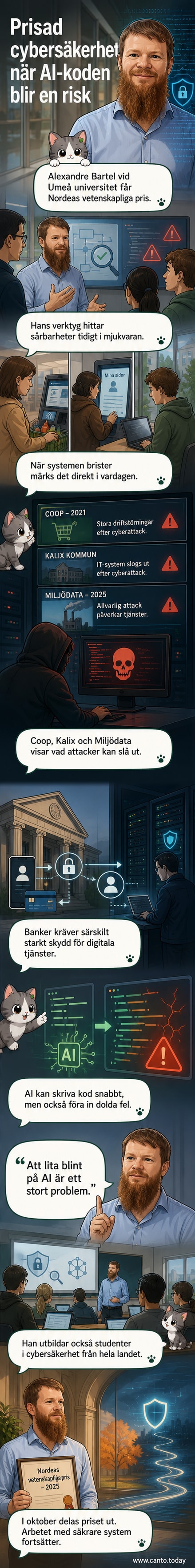 Illustration av en forskare vid en dator med kod på skärmen, omgiven av larmikoner och en sköld som symboliserar cybersäkerhet.