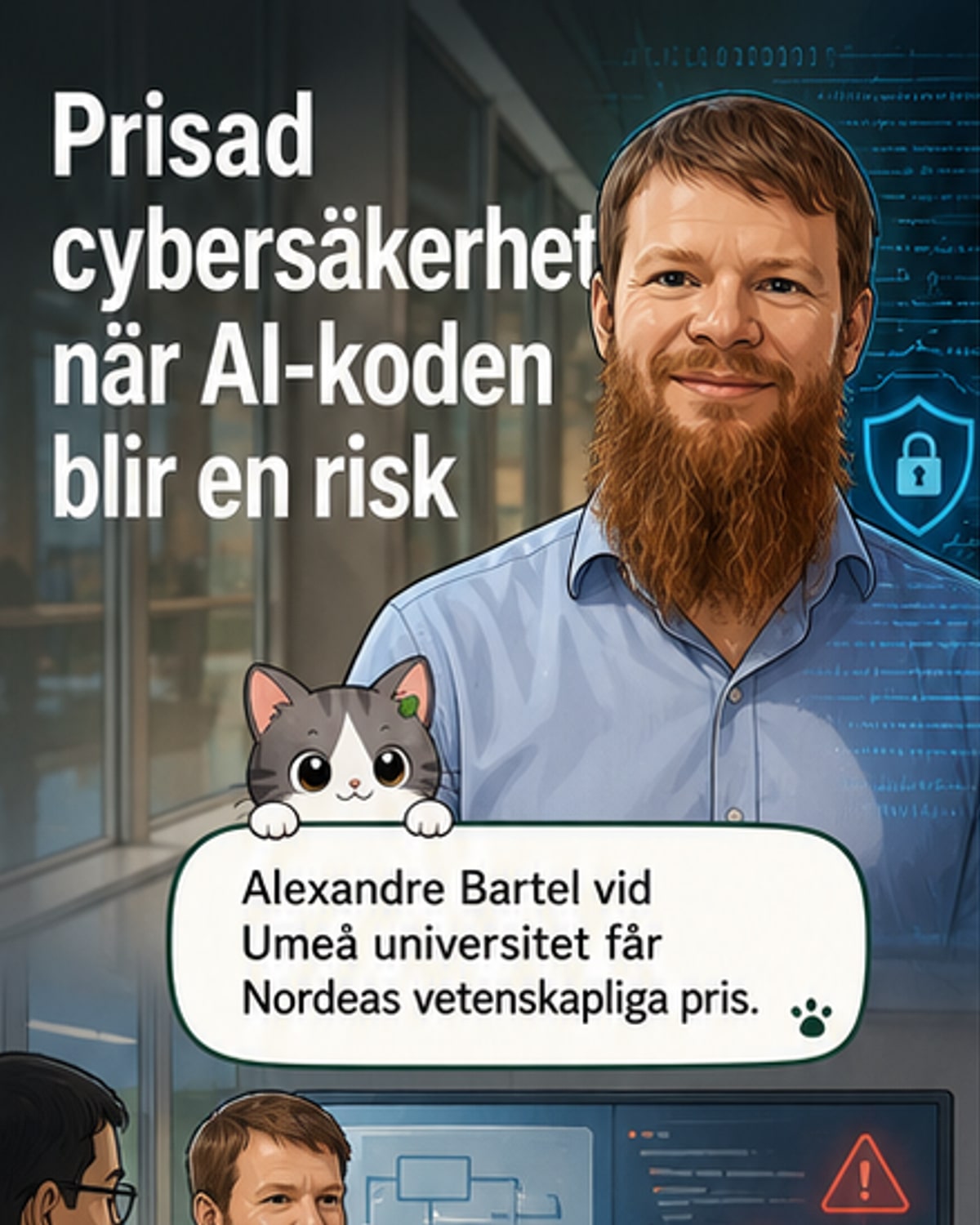 Illustration av en forskare vid en dator med kod på skärmen, omgiven av larmikoner och en sköld som symboliserar cybersäkerhet.