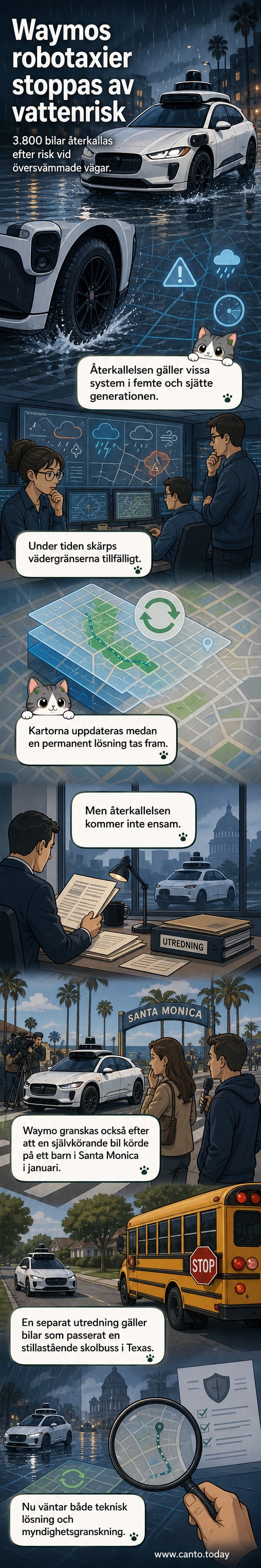 En Waymo-robotaxi står stilla vid en korsning med vattenansamlingar på vägen under dimmigt väder.
