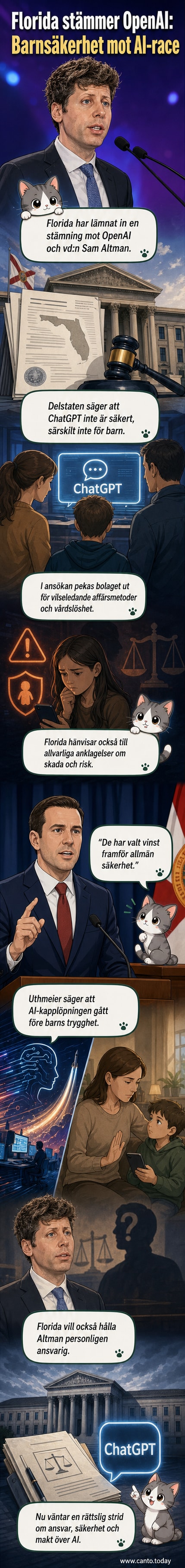 En rättegångshammar ligger bredvid en smartphone med ChatGPT-logga, ovanpå en karta över Florida. Texten 'Vinst framför säkerhet?' visas i bakgrunden.