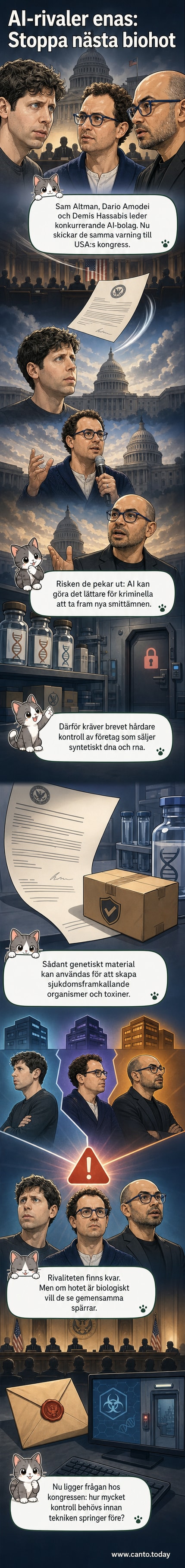 Illustration av tre techledare – Sam Altman, Dario Amodei och Demis Hassabis – som tillsammans pekar på en DNA-sträng med en varningsskylt i bakgrunden.