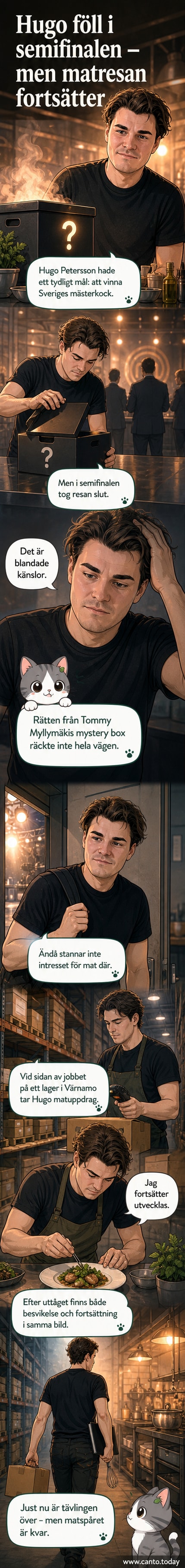 Hugo Petersson står i kök, blick riktad mot kamera, bakgrund med köksredskap och ljus belysning
