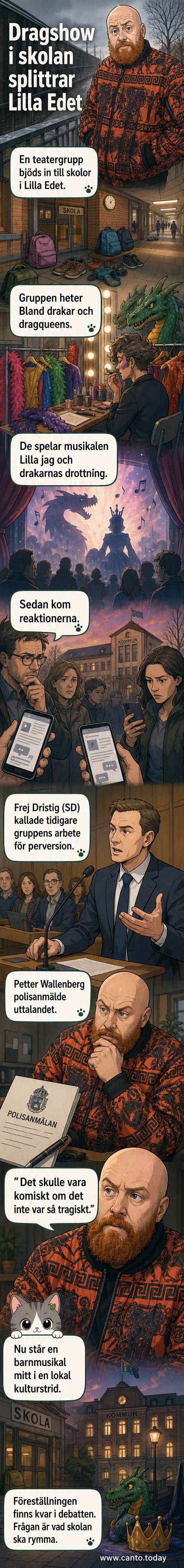 En scenbild med en dragqueen i glitterkläder och en drake i teaterdräkt, från musikalen "Lilla jag och drakarnas drottning" i Lilla Edet.