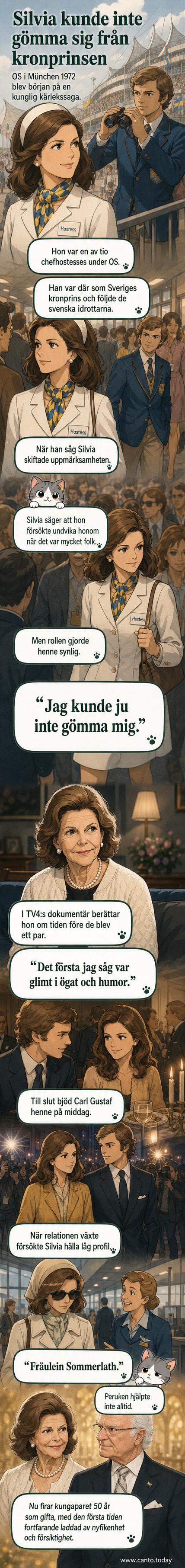 Drottning Silvia och kung Carl XVI Gustaf under deras tidiga år, med bilder från OS 1972 och senare officiella tillställningar.