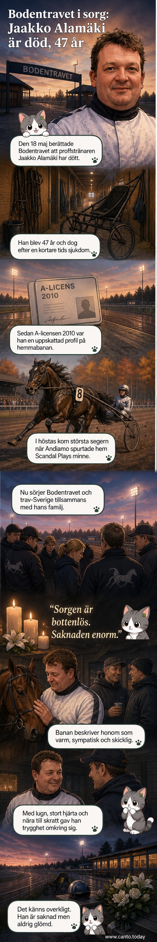 Porträtt av travtränaren Jaakko Alamäki med häst på banan, omgiven av vänliga ansikten och sportlig stämning.
