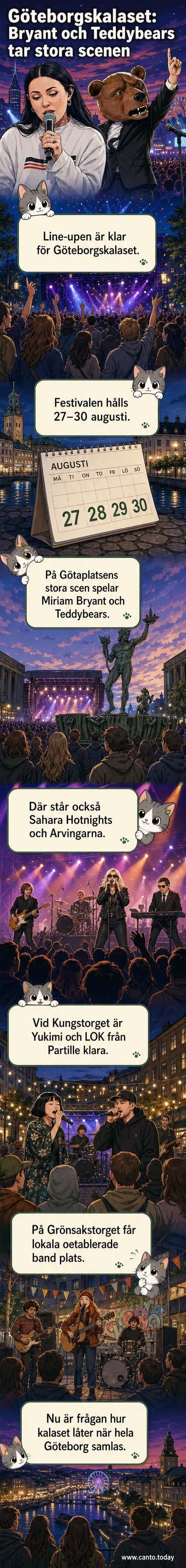 Illustration av scen med musiker, publiken står framför Götaplatsens fontän under sommarsolen. Text: 'Line-upen för Göteborgskalaset 2026 är klart.'