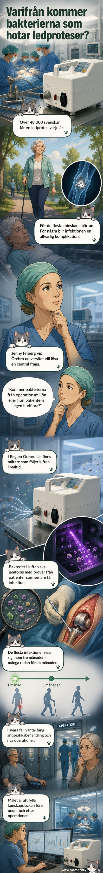 Illustration av en ledprotesoperation där mikroskopiska bakterier syns i luften runt kirurglaget, med en forskare som analyserar data från en partikelmätare.